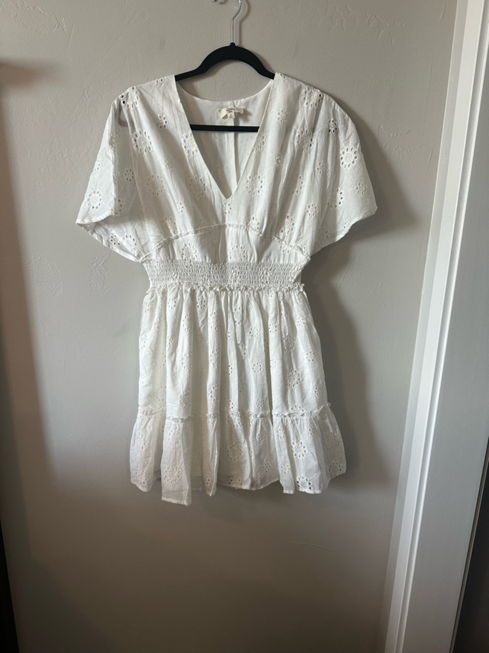 entro White Eyelet V-Neck Smocked Mini Dress